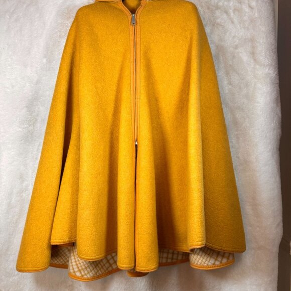 Vintage 60s 100% Wool Reversible Poncho Cape Plaid Yellow Zip Up One Size